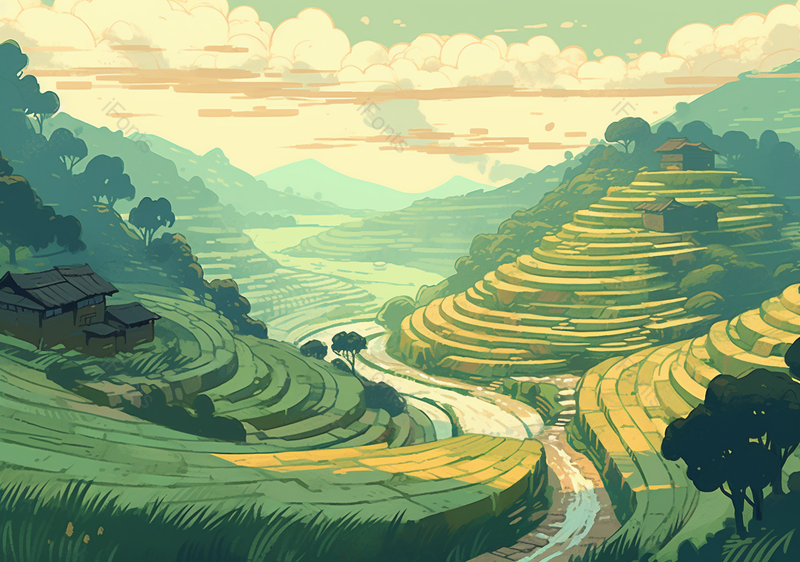 绿色梯田风景手绘场景,插画/手绘图,插画/手绘图库,插画/手绘图下载,插画/手绘